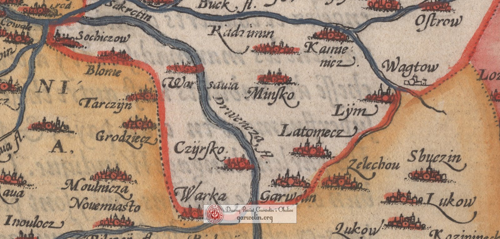 Garwolin na mapie Polski i Litwy z 1570 r.