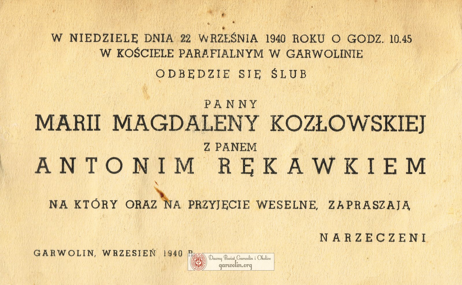 Ślub Marii Kozłowskiej i Antoniego Rękawka - 1940 r.