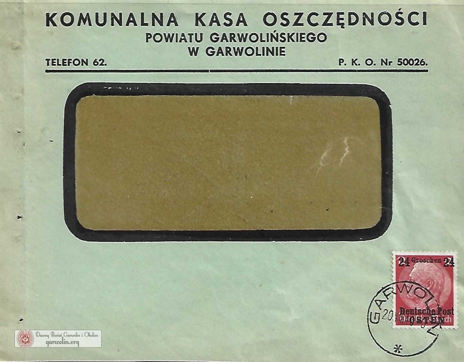 Koperta firmowa Komunalnej Kasy Oszczędności - 1940 r.