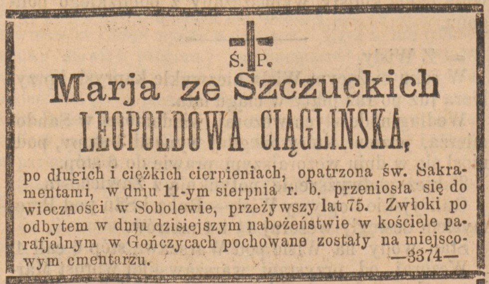 Maria ze Szczuckich Leopoldowa Ciąglińska - nekrolog