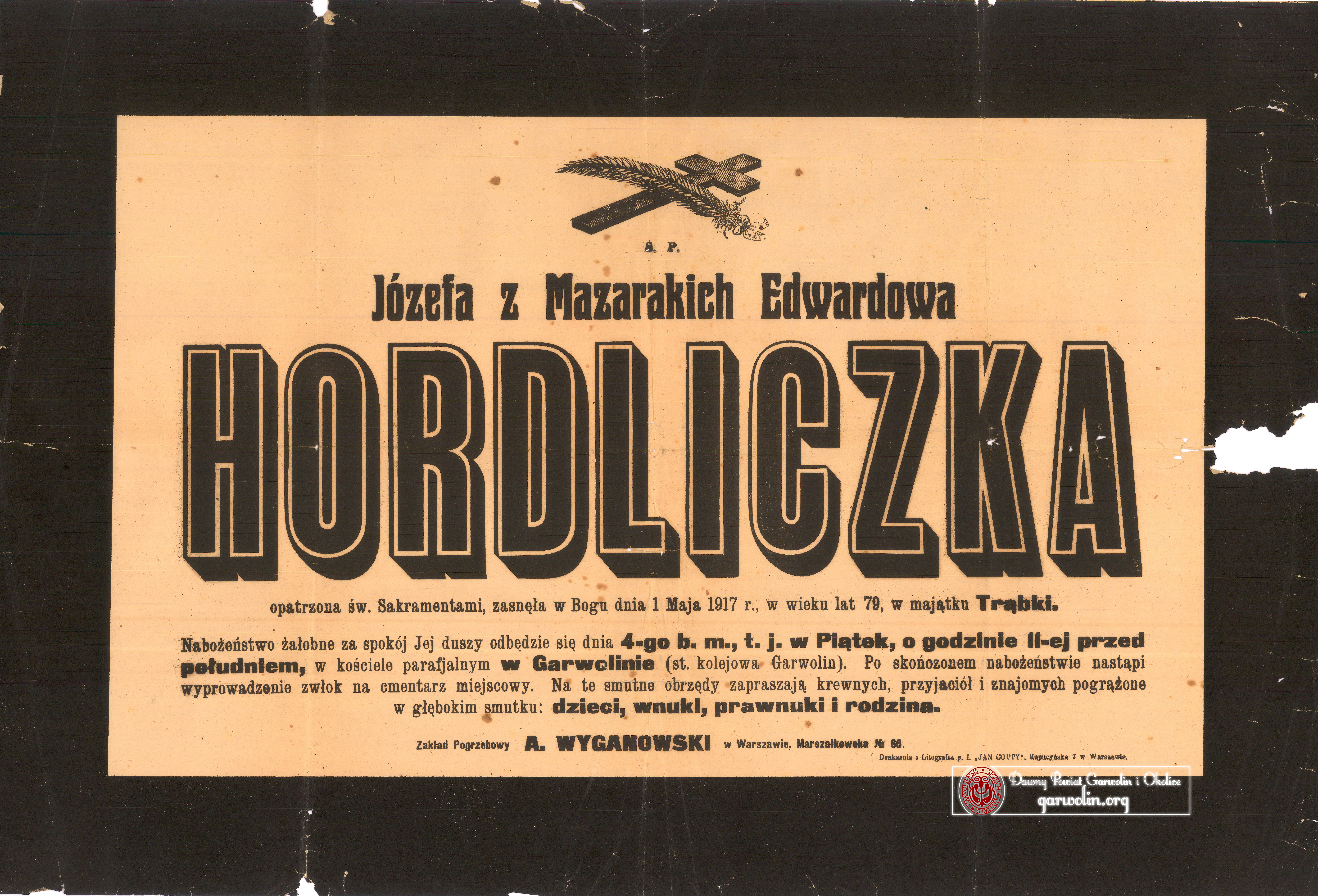 Nekrolog -  Józefa Hordliczka z d. Mazaraki h. Newlin (1837-1917)