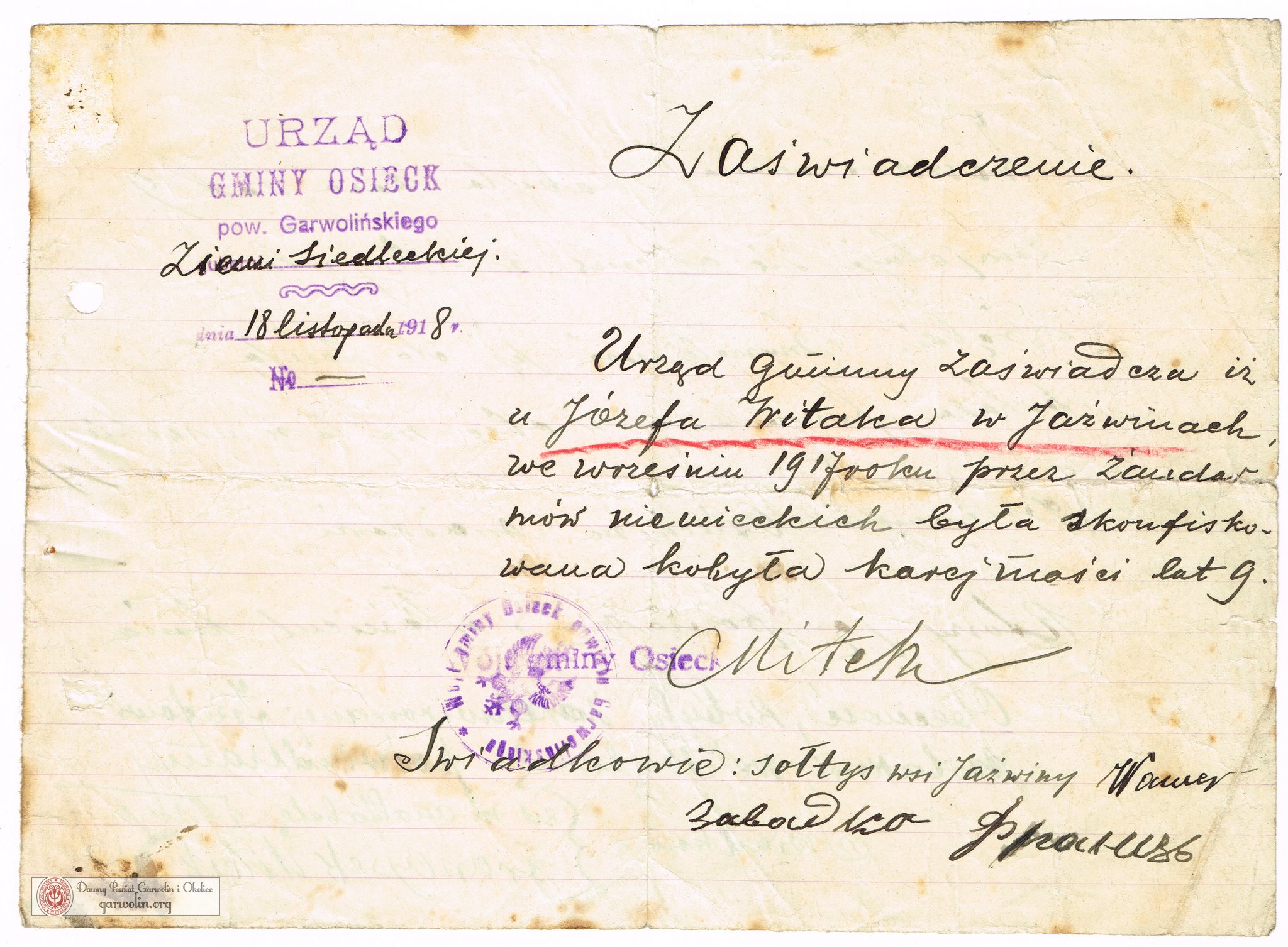 Dokument wystawiony przez Urząd Gminy Osieck 18 listopada 1918 r.